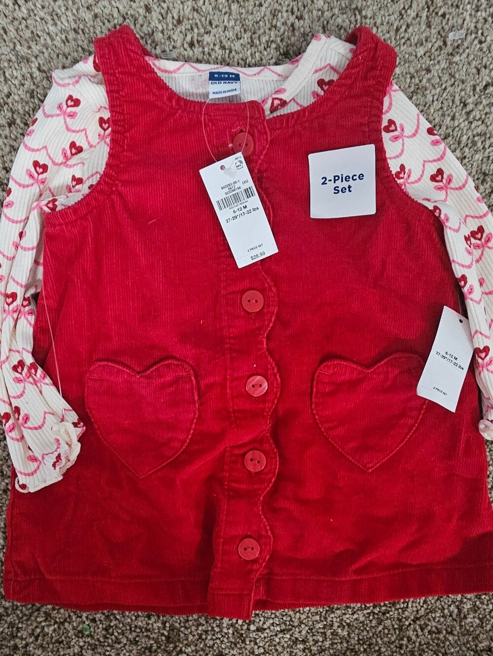 Old Navy NWT Girls 2-Piece Red Corduroy Pinafore Dress & Heart Print Top